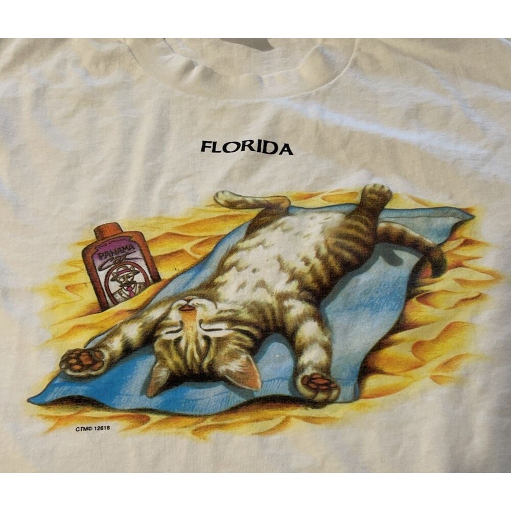 Vtg 90s Florida Sleeping Beach Cat Shirt Hanes Single Stitch Heavyweight 50/50 L